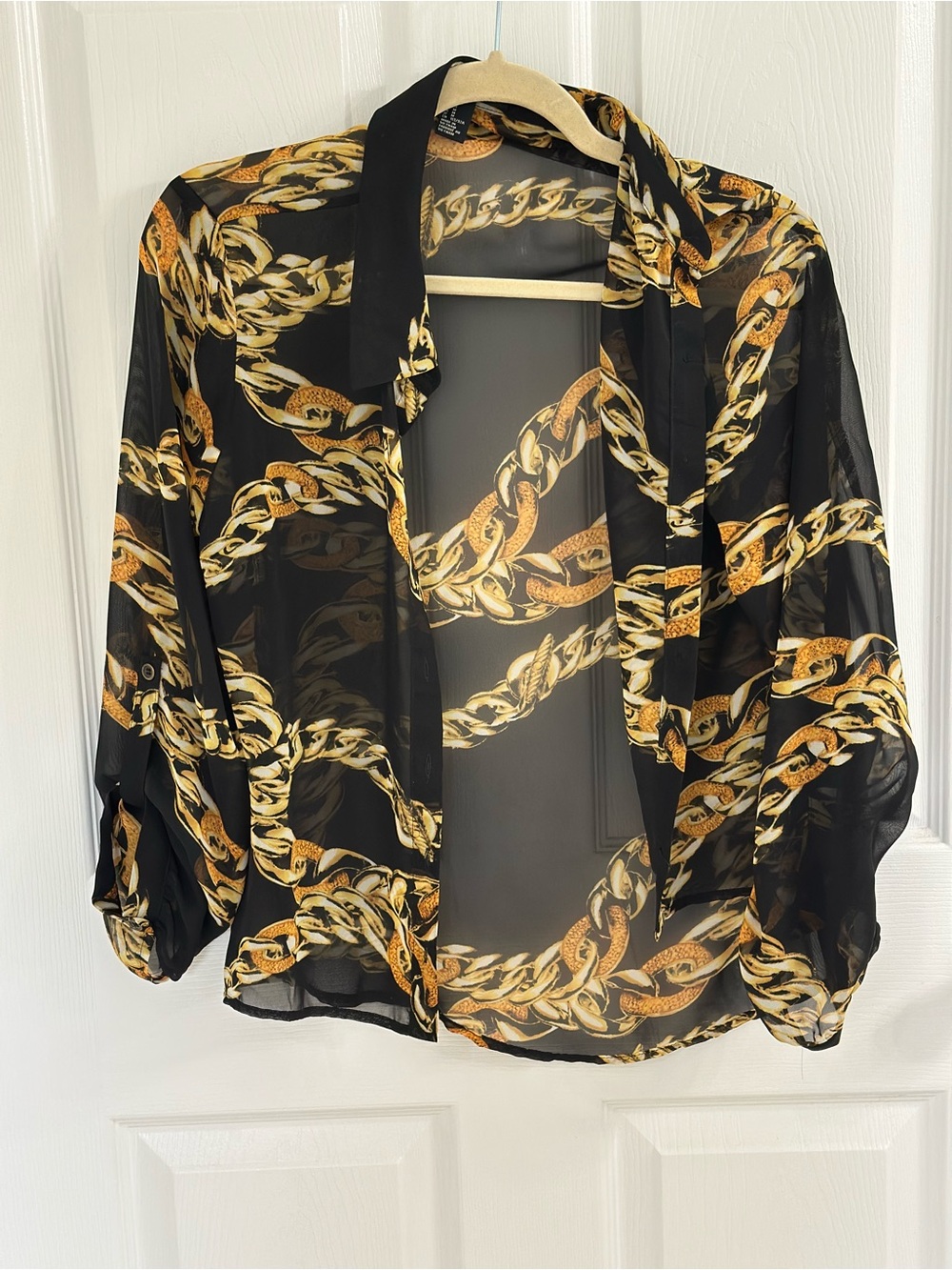 Sheer Black & Gold Chain-Print Women's Button Up